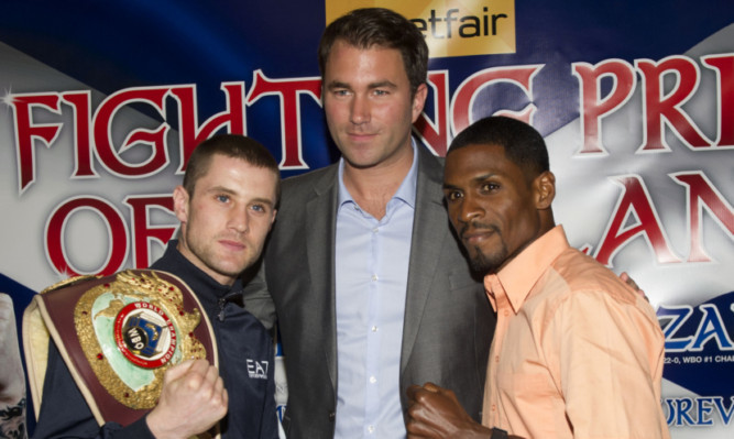 Ricky Burns (left) joins promoter Eddie Hearn and opponent Jose Gonzalez (right) and ahead of their WBO Lightweight world title fight.