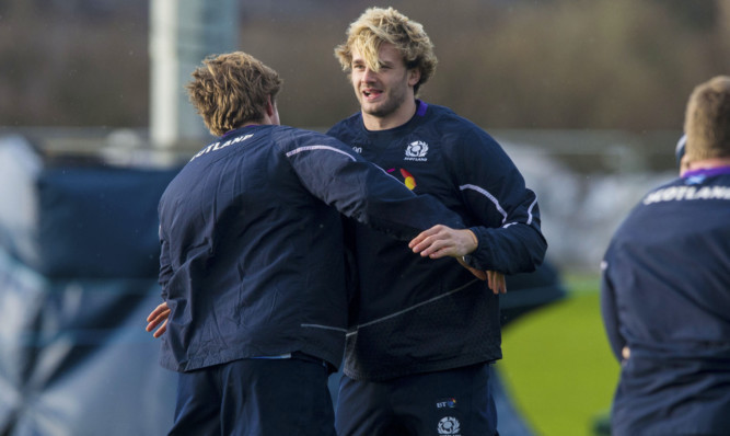 The brothers Gray enjoy a clinch in training with Scotland at BT Murrayfield.