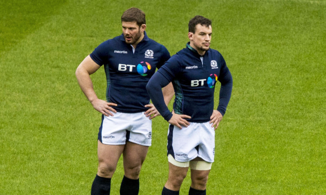 Ross Ford (left) and John Hardie during yesterday's captain's run at Murrayfield.