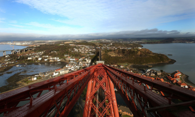 The view from the north tower of the Forth Rail Bridge towards Fife.