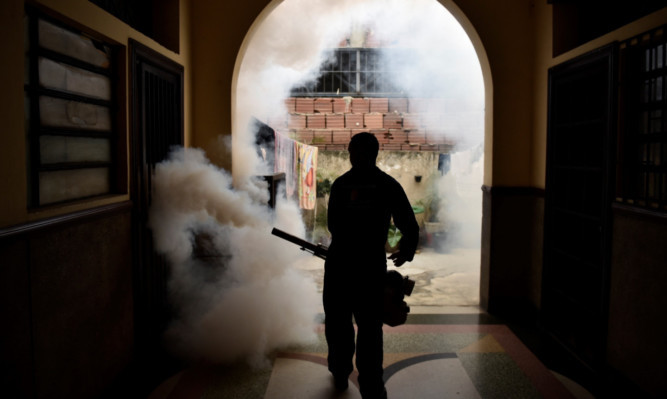 Zika has reached more than 20 countries, including Venezuala, where a health worker fumigates a building in Caracas.