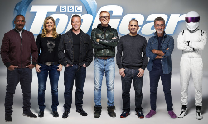 From left: Rory Reid, Sabine Schmitz, Matt LeBlanc, Chris Evans, Chris Harris, Eddie Jordan and The Stig, who have been announced as the full line-up for BBC's Top Gear programme.