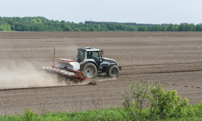 Using the wheeled tractor is sowing on a large plowed field.