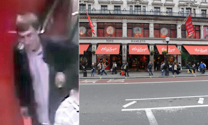 A CCTV handout of a man police would like to speak to in connection with the indecent assault of an 11-year-old as she watched a magic show at world famous toy shop Hamleys.