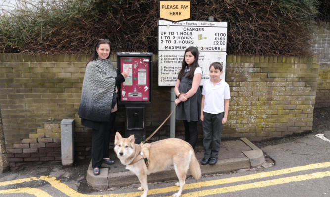 Jean Muir, here with Niamh, Ronan and their dog, Luna, wants parking charges reduced to encourage visitors and shoppers to use the town centre.