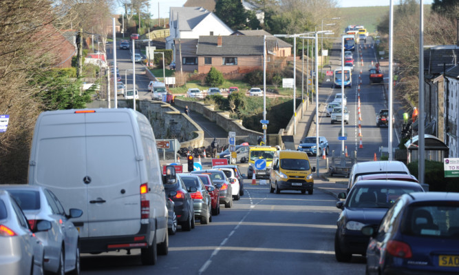 The roadworks at Guardbridge, with a lengthy diversion put in place for traffic travelling between St Andrews and Dundee.