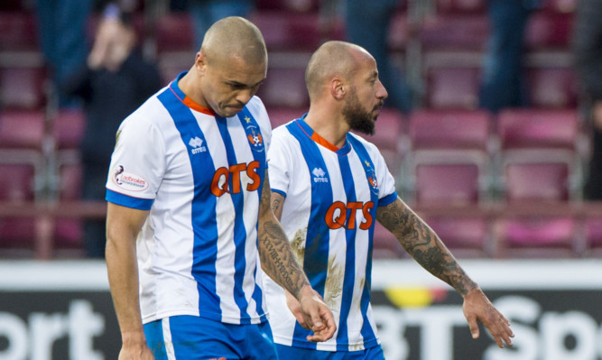 Kilmarnock's Josh Magennis (left) after the full-time whistle at Tynecastle.