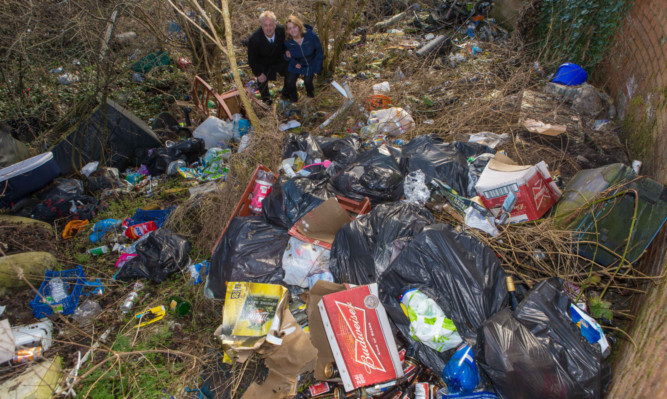 Councillor John OBrien and Mrs Campbell inspect the dumping ground she says must be the source of her rat problem.