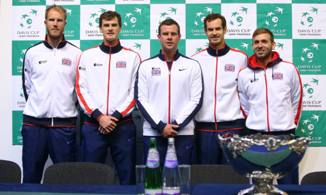 GB captain Leon Smith, centre, with his team, from left: Dominic Inglot, Jamie Murray, Andy Murray and Dan Evans.