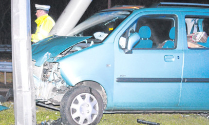 The driver was fortunate to walk away after her car ploughed into the road sign.