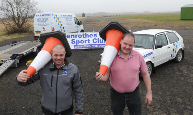 Setting up the course for Glenrothes Motor Sport Clubs Memorial Garden Stages Rally at Condor are assistant Robert Ness and clerk of the course Tom Matthews.