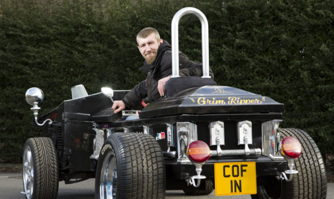 Allan will drive the coffin on wheels at Crail Raceway in Fife.
