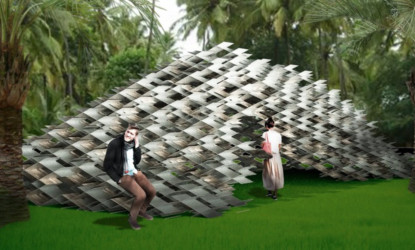 Kengo Kumas aluminium cloud pavilion can be used indoors or outdoors.