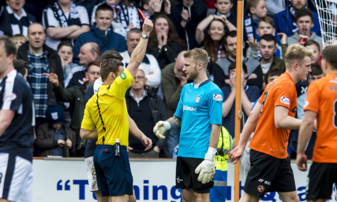 Dundee's Scott Bain is sent off.