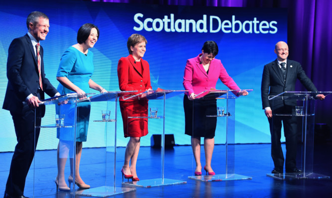 From left: Lib Dem Willie Rennie, Scottish Labour's Kezia Dugdale, SNP leader Nicola Sturgeon, Ruth Davidson of the Scottish Conservatives, and Patrick Harvie of the Scottish Greens at the STV election debate.