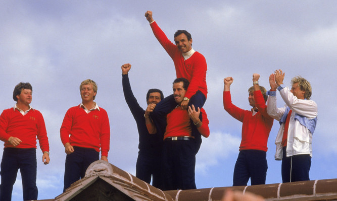 Sam Torrance lifting captain Tony Jacklin on his shoulders after the famous Ryder Cup win of 1985.