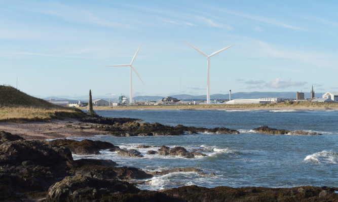 The view of the proposed Glaxo Smith Kline wind turbine from Scurdie Ness.