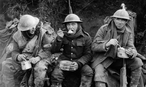 British soldiers eating rations during the Battle of the Somme in 1916.