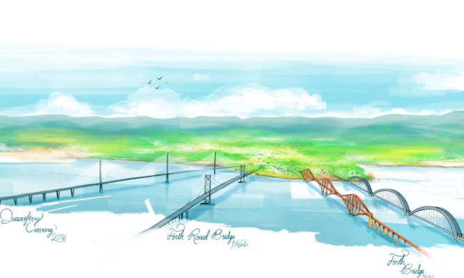 An artists impression by VisitScotland showing how the four bridges would look across the Forth, with the new rail bridge far right.