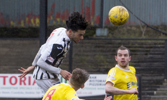 Faissal El Bakhtaoui gets up to head in Joe Cardles inviting cross for the only goal of the game.