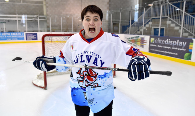Conservative leader Ruth Davidson takes to the ice with Scotland's female under twenties ice hockey team in Dumfries.