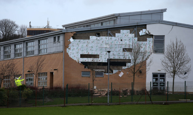 A collapsed wall at Oxgangs Primary School in Edinburgh.