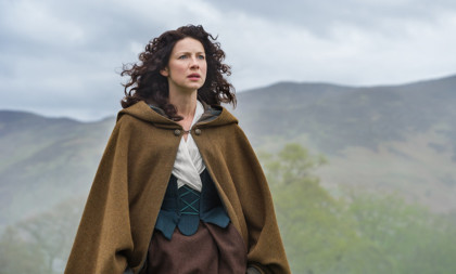Caitriona Balfe, who plays Claire Randall in Outlander, with the Perthshire hills behind.