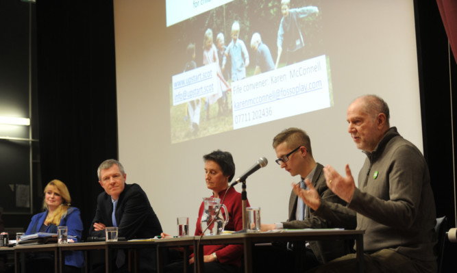 Those taking part last night were, from left, Alycia Hayes of the SNP, Scottish Lib Dem leader Willie Rennie, Labours Ros Garton, Conservative candidate Martin Laidlaw and Green candidate Andy Collins.