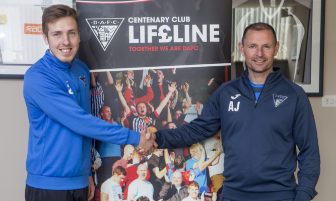Lewis Martin with boss Allan Johnston after signing his new Pars deal.
