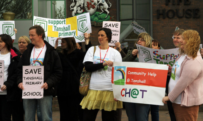 Protesters opposed to the closure of Tanshall Primary School outside Fife House in Glenrothes.