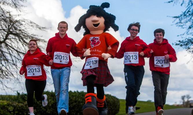 The mascot with no name running alongside Perth and Kinross Ultimate Sports Leaders, from left, Ashleigh Laird, Corey Fair, Louise Brett and Liam Robertson.