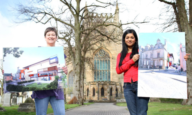 Lesley McNaughton and Shahana Khaliq with drawings of how the new Dunfermline Museum will look.