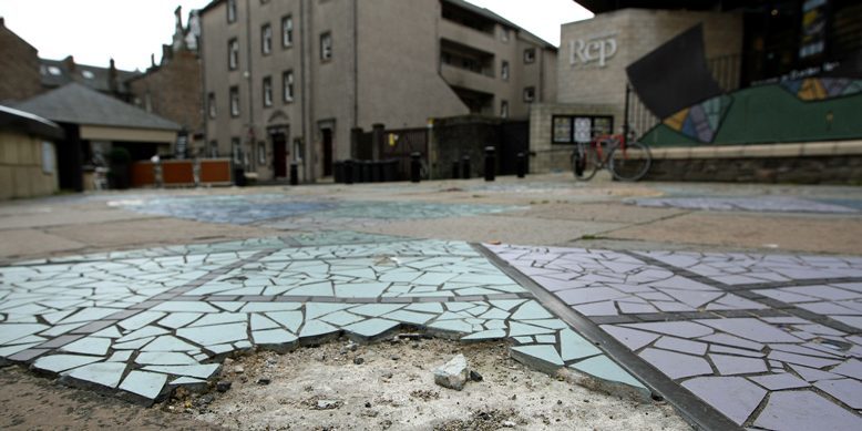 Kim Cessford, Courier - 26.07.10 - refurbishements are due to the mosaic paving in Tay Square outside the Dundee Rep - pictured is some of the damaged pavement