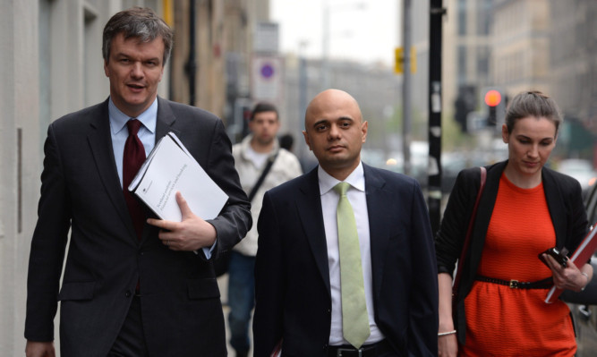 Scotland Secretary Michael Moore, left, and Economic Secretary to the Treasury Sajid Javid attend the launch of the Scotland Analysis Financial Services and Banking Paper in Edinburg