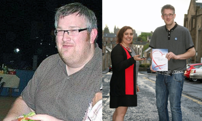Jonathan before his weight loss and with Carmen Glasby after shedding the pounds.