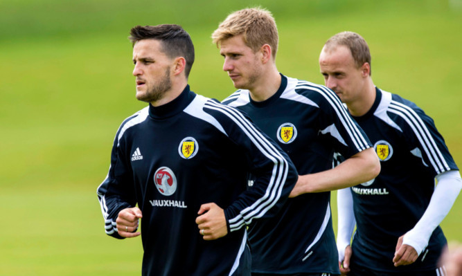 From left: Scotland's Craig Conway, Stuart Armstrong and Leigh Griffiths at training.