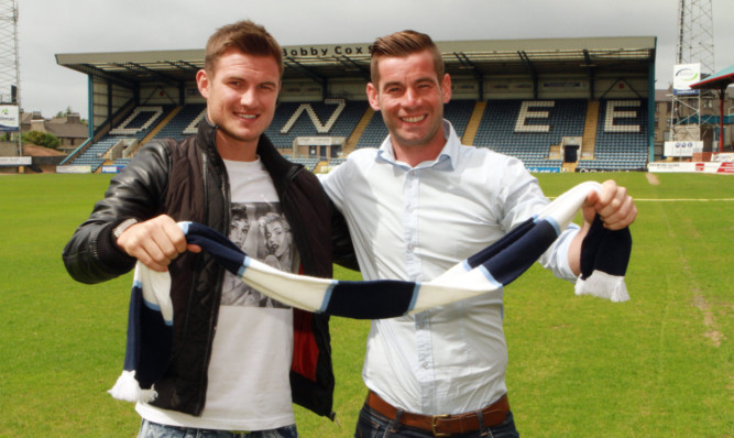 Dundee new boys Willie Dyer, left, and Peter MacDonald are unveiled at Dens Park.