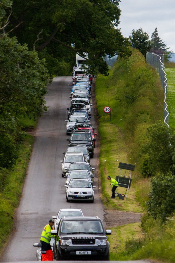 Steve MacDougall, Courier, T in the Park site, Strathallan Estate, by Auchterarder. Campers arrive on the Thursday. Pictured, queuing traffic approaching the T in the Park site.