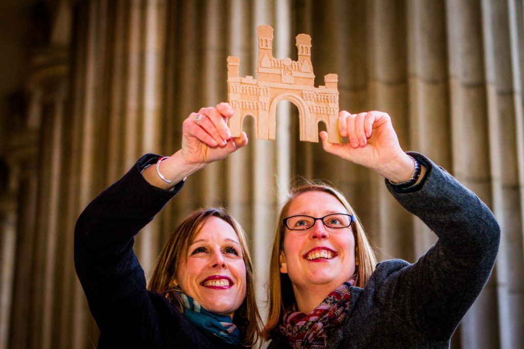 The Royal Arch will be recreated out of cardboard boxes on Slessor Gardens, alongside the V&A development. Pictured is a much smaller scale model of the Royal Arch with Christine Palmer (right, President of Dundee Institute of Architects) and Claire Dow (left, the event producer).