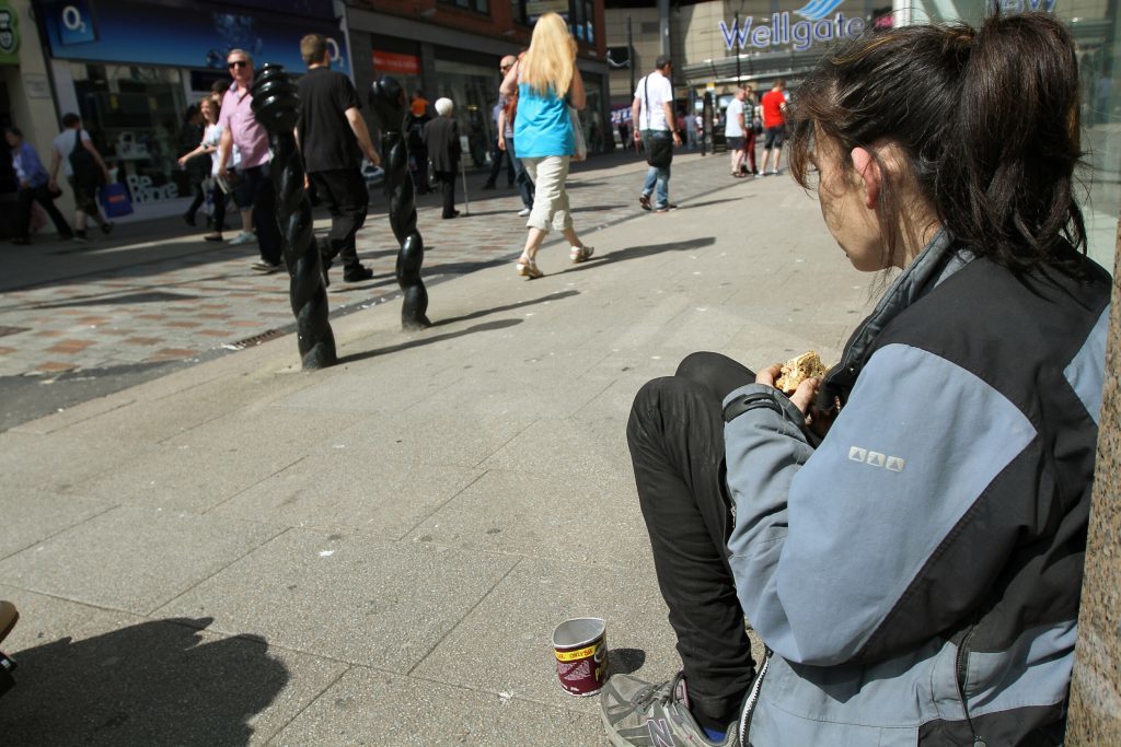 COURIER, DOUGIE NICOLSON, 16/07/13, NEWS. Pic shows a homeless person begging in the Murraygate in Dundee today, Tuesday 16th July 2013.