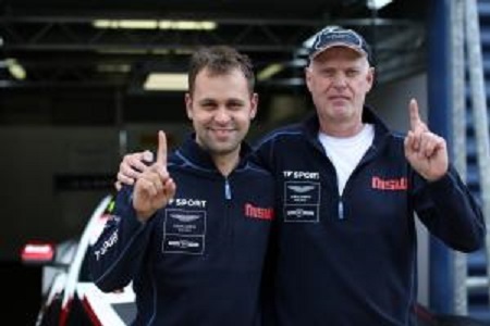 Jonny Adam and Derek Johnston celebrate at Rockingham