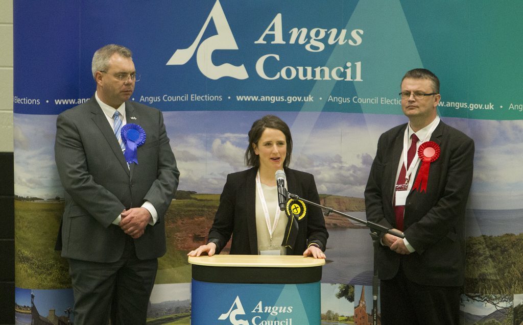 Mairi Evans makes a victory speech after winning the North Angus and Mearns MSP seat in May