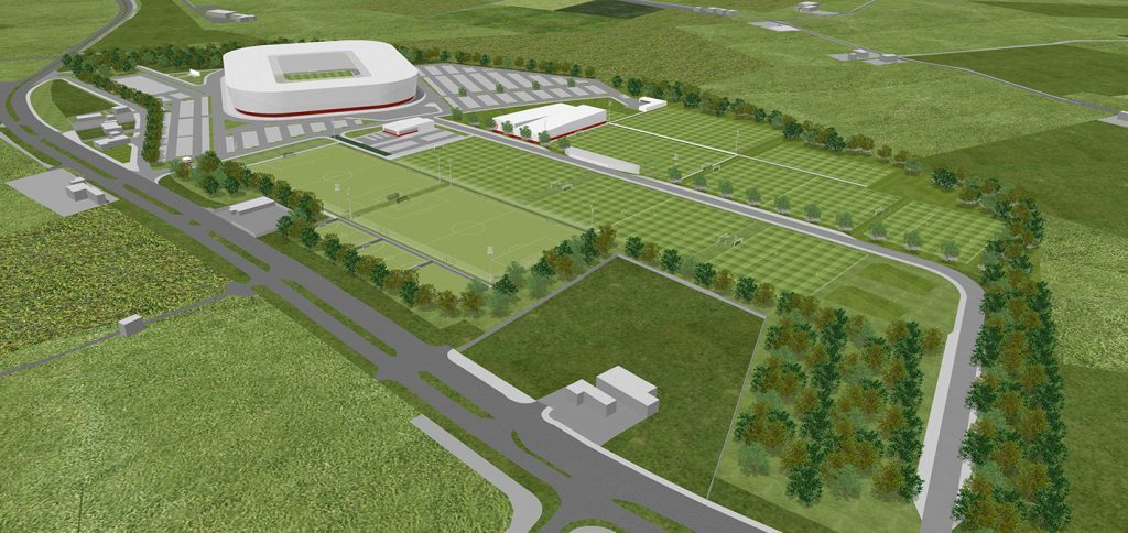 Thursday, May 12th, 2015, Aberdeen, Scotland. Aberdeen Football Club is set to move home after the Dandy Dons unveiled plans for new digs yesterday (THURS). The SPL team is set to flit from the club's current Pittodrie home to a 40 million pounds development on a greenfield site near the outlying western suburb of Kingswells eight miles away. Pictured: An artist's impression of how the new stadium and training grounds will look at Aberdeen FC's Kingsford development. (PIC: NEWSLINE MEDIA)