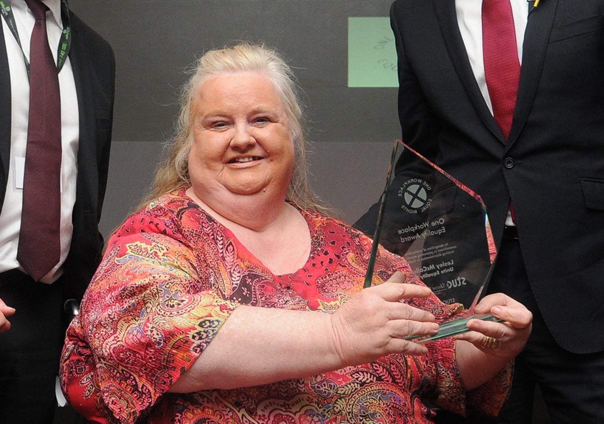 Lesley with her Workplace Equality Award from the STUC.