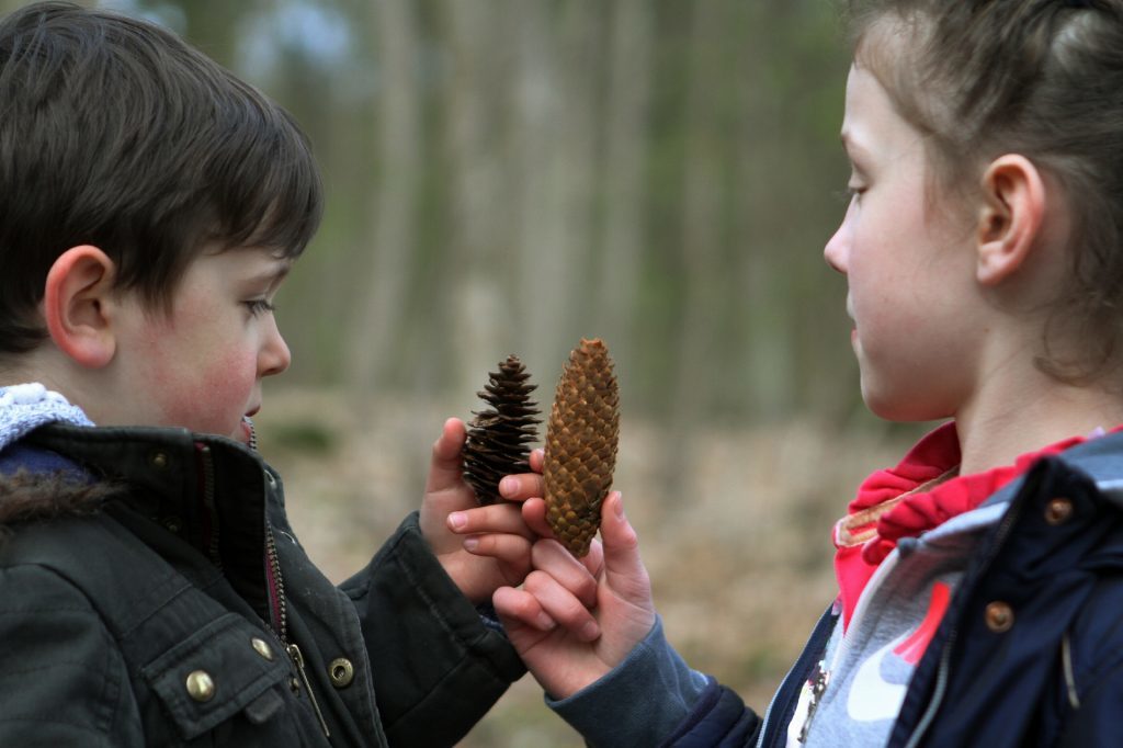 Robbie Towns and sister Ellie with an open, left, and a closed pine cone.