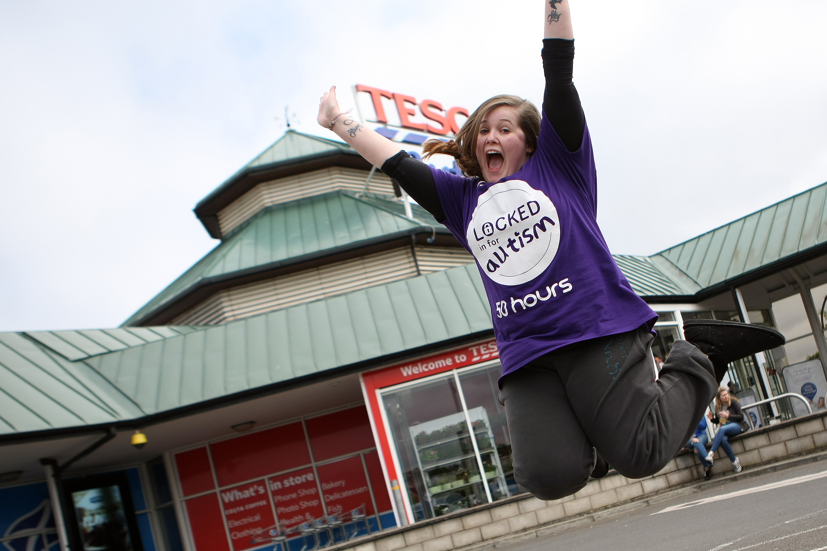 Meg jumps for joy after escaping her cell at Tesco Riverside.