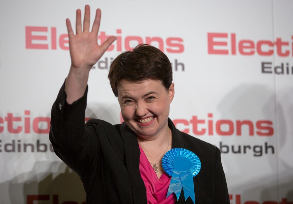 EDINBURGH, SCOTLAND - MAY 05:  Scottish Conservative Leader Ruth Davidson celebrates being elected Conservative MSP for Edinburgh Central at the Royal Highland Centre, Ingliston,  on May 5, 2016 in Edinburgh, Scotland.  Polling stations are now closed for what has been described as "Super Thursday", which saw the British public vote in countrywide elections to choose members for the Scottish Parliament, the Welsh Assembly, the Northern Ireland Assembly, Local Councils, a new London Mayor and Police and Crime Commissioners.  (Photo by Matt Cardy/Getty Images)