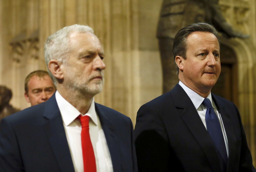 LONDON, ENGLAND - MAY 18: Prime Minister David Cameron (R) and Labour Party leader Jeremy Corbyn (R) walk to the House of Lords for the State Opening of Parliament at the Palace of Westminster on May 18, 2016 in London, England. The State Opening of Parliament is the formal start of the parliamentary year. This year's Queen's Speech, setting out the government's agenda for the coming session, is expected to outline policy on prison reform, tuition fee rises and reveal the potential site of a UK spaceport. (Photo by Stefan Wermuth - WPA Pool/Getty Images)