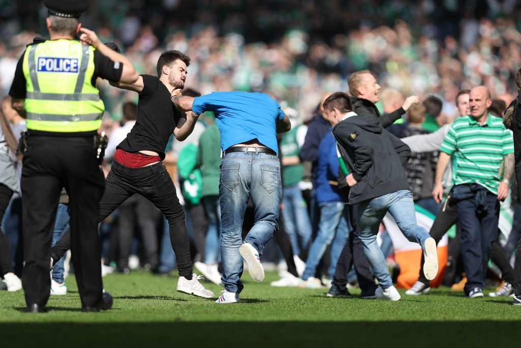 GLASGOW, SCOTLAND - MAY 21: Hibs fans invade the pitch during the Scottish Cup Final between Rangers and Hibernian at Hampden Park on May 21, 2016 in Glasgow, Scotland. (Photo by Ian MacNicol/Getty)