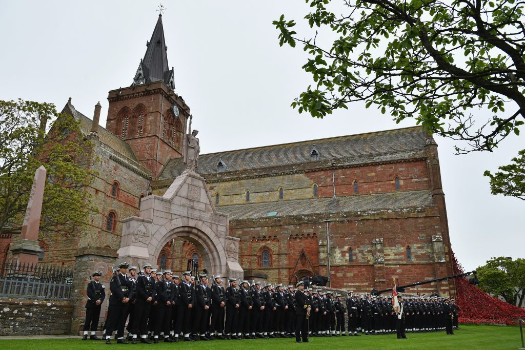 KIRKWALL, SCOTLAND - MAY 31: Royal Navy personnel attend the commemorations of the 100th anniversary of the Battle of Jutland at St Magnus Cathedral on May 31, 2016 in Kirkwall,Scotland. The event marks the centenary of the largest naval battle of World War One where more than 6,000 Britons and 2,500 Germans died in the Battle of Jutland fought near the coast of Denmark on 31 May and 1 June 1916. (Photo by Jeff J Mitchell/Getty Images)